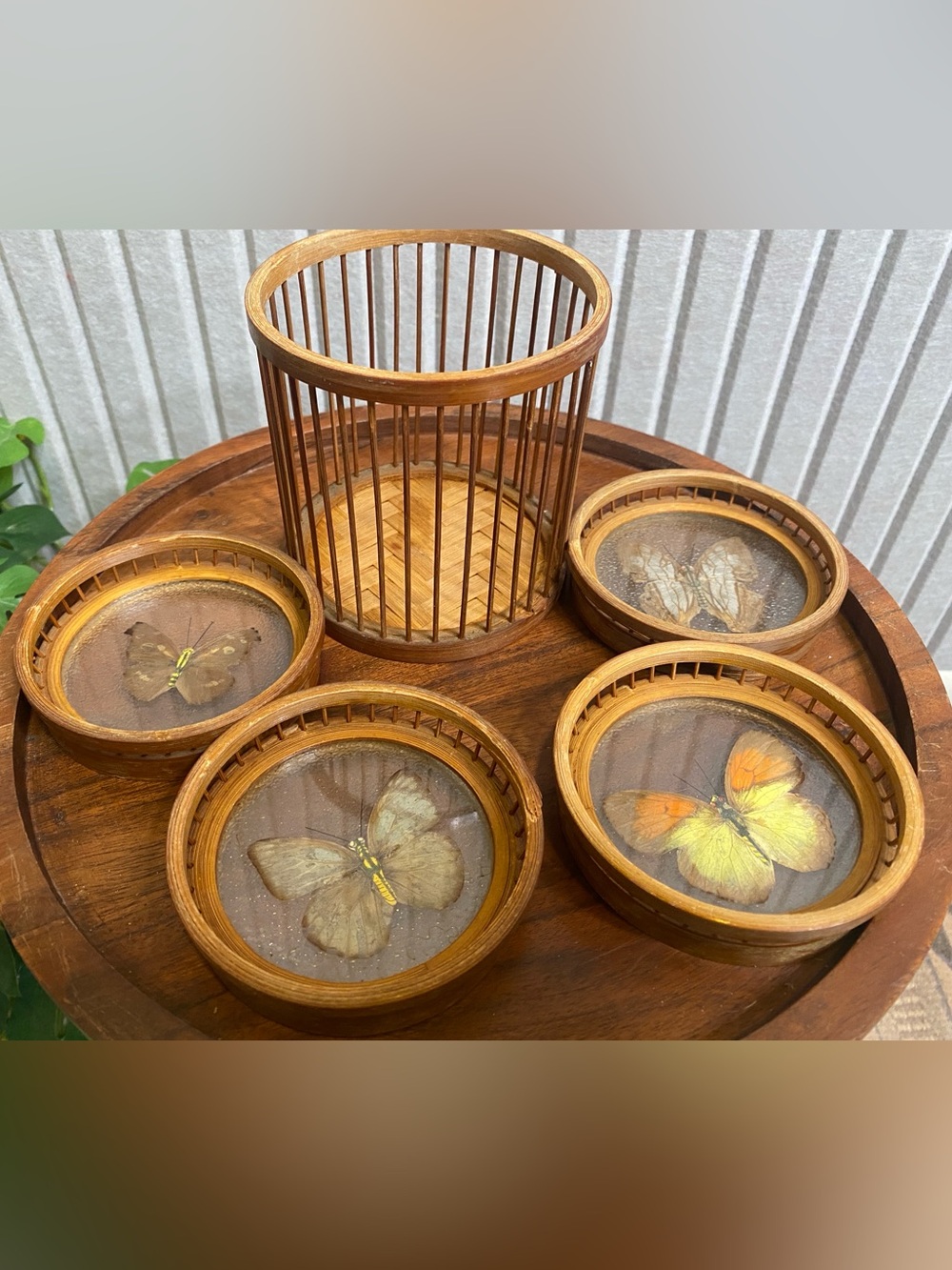 VTG 70’s pressed glass butterfly Wicker Rattan Coaster set 5 piece boho cottage